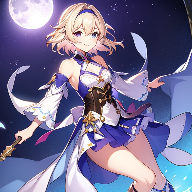 Masterpiece , honkai star rail , solo , 1 female , short platinum blonde hair , blue eyes , small pointy ears , quanta element , abundance path , looking at the viewer , smiling , moon headband , pink and purple dress , off the shoulder sleeves , fishnet tights , knee high boots , corset top