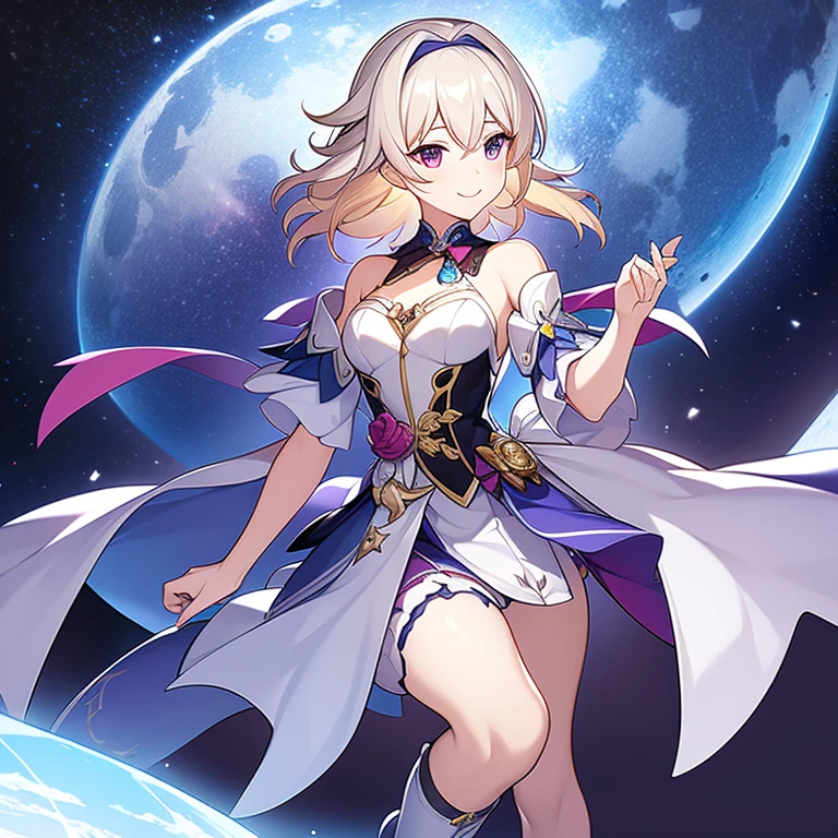 Masterpiece , honkai star rail , solo , 1 female , short platinum blonde hair , blue eyes , small pointy ears , quanta element , abundance path , looking at the viewer , smiling , moon headband , pink and purple dress , off the shoulder sleeves , fishnet tights , knee high boots , corset top