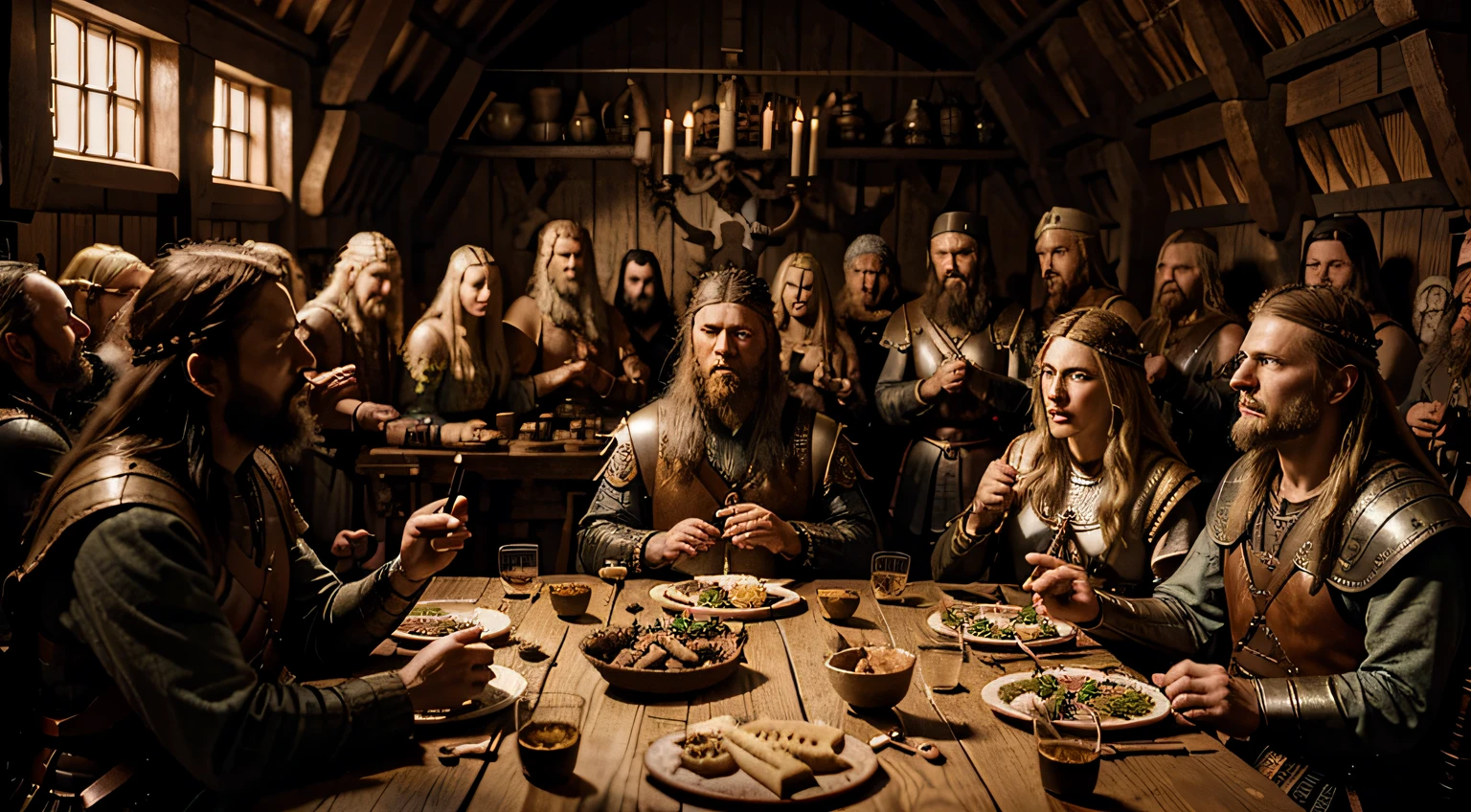 painting of Odin the god having a Viking feast with many warriors, medieval viking feast, medieval d&d mood, peasant wedding at midnight, art style of john blanche, dnd last supper, medieval fantasy illustration, by Jóhannes Sveinsson Kjarval, by Ásgrímur Jónsson, by Vilhelm Bissen, dragonlance illustration