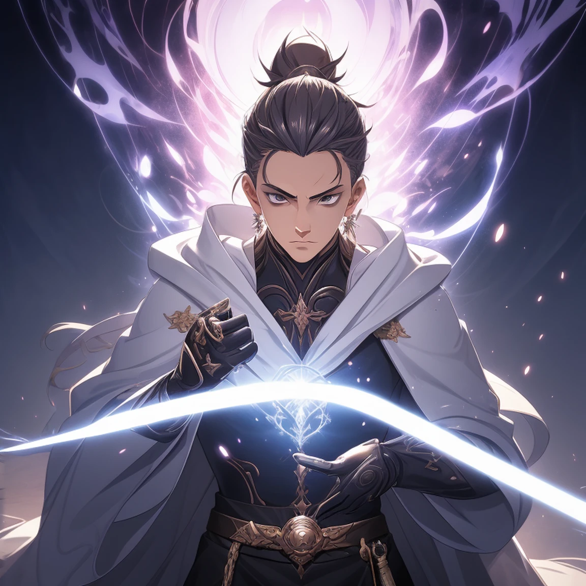 quadratic element,style of anime,One guy(male warrior),The proportions are correct,Face details,swordsman,High ponytail hairstyle,Neck details,oda'saint adam'there are apples there,White robe,joke,long white robe,clothes details,surrender,longer sleeves,Game quality,sword fight,Light and shadow tracking,Ray traching,Detailed luminescence,cg render,hair detail,Cabellos Preto Langero Color Eyes,Handsome,Handsome,(juvenile sense),Clothing complicated,Perfectcomposition,Refinement,high high quality,More detailed,A lot of detail,The background complex,a sense of atmosphere,