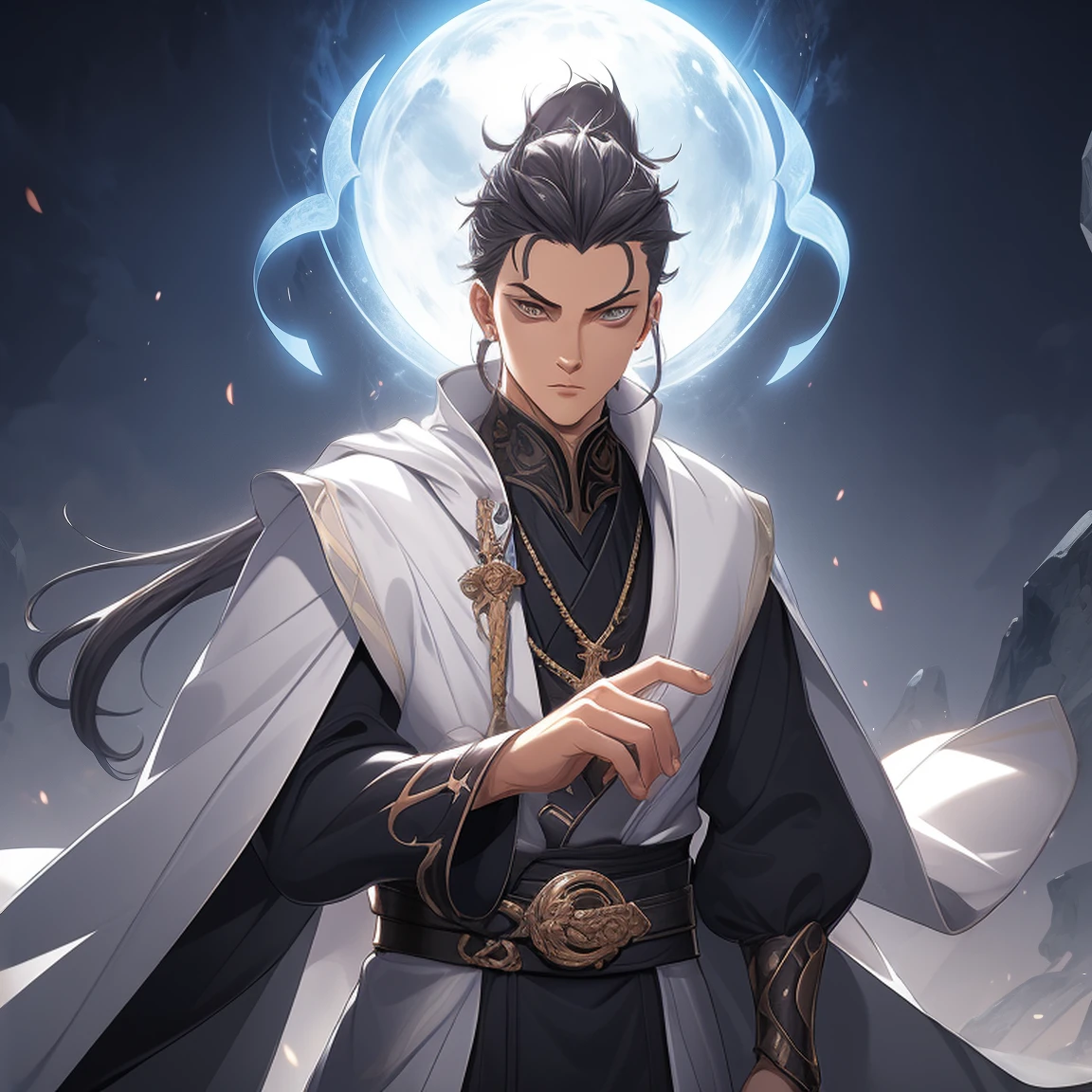 quadratic element,style of anime,One guy(male warrior),The proportions are correct,Face details,swordsman,High ponytail hairstyle,Neck details,oda'saint adam'there are apples there,White robe,joke,long white robe,clothes details,surrender,longer sleeves,Game quality,sword fight,Light and shadow tracking,Ray traching,Detailed luminescence,cg render,hair detail,Cabellos Preto Langero Color Eyes,Handsome,Handsome,(juvenile sense),Clothing complicated,Perfectcomposition,Refinement,high high quality,More detailed,A lot of detail,The background complex,a sense of atmosphere,