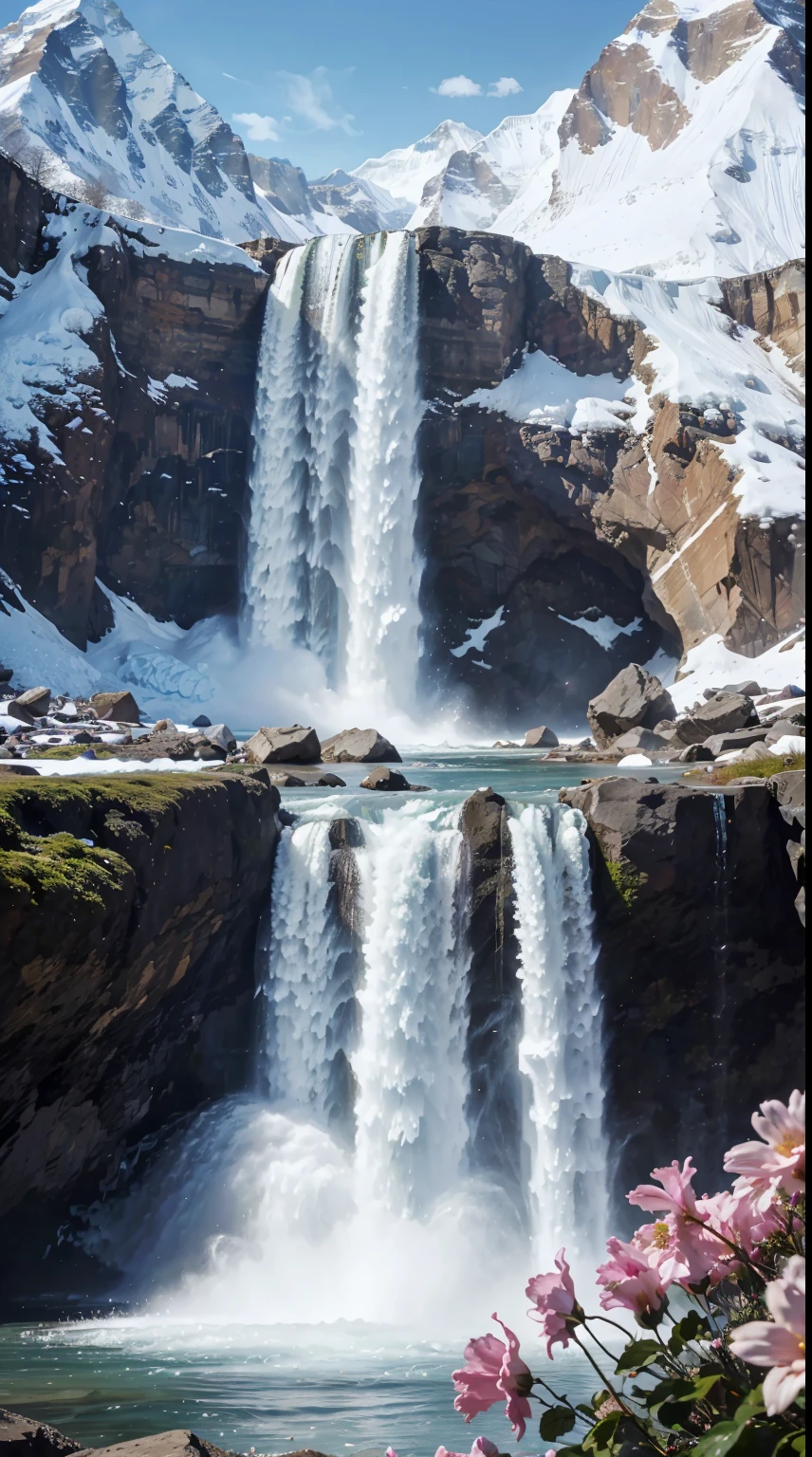 Wallpaper reality, waterfall hyper realistic ultra quality, everest side flowers hyper realistic ultra quality, waterfall hyper realistic ultra quality, 8k