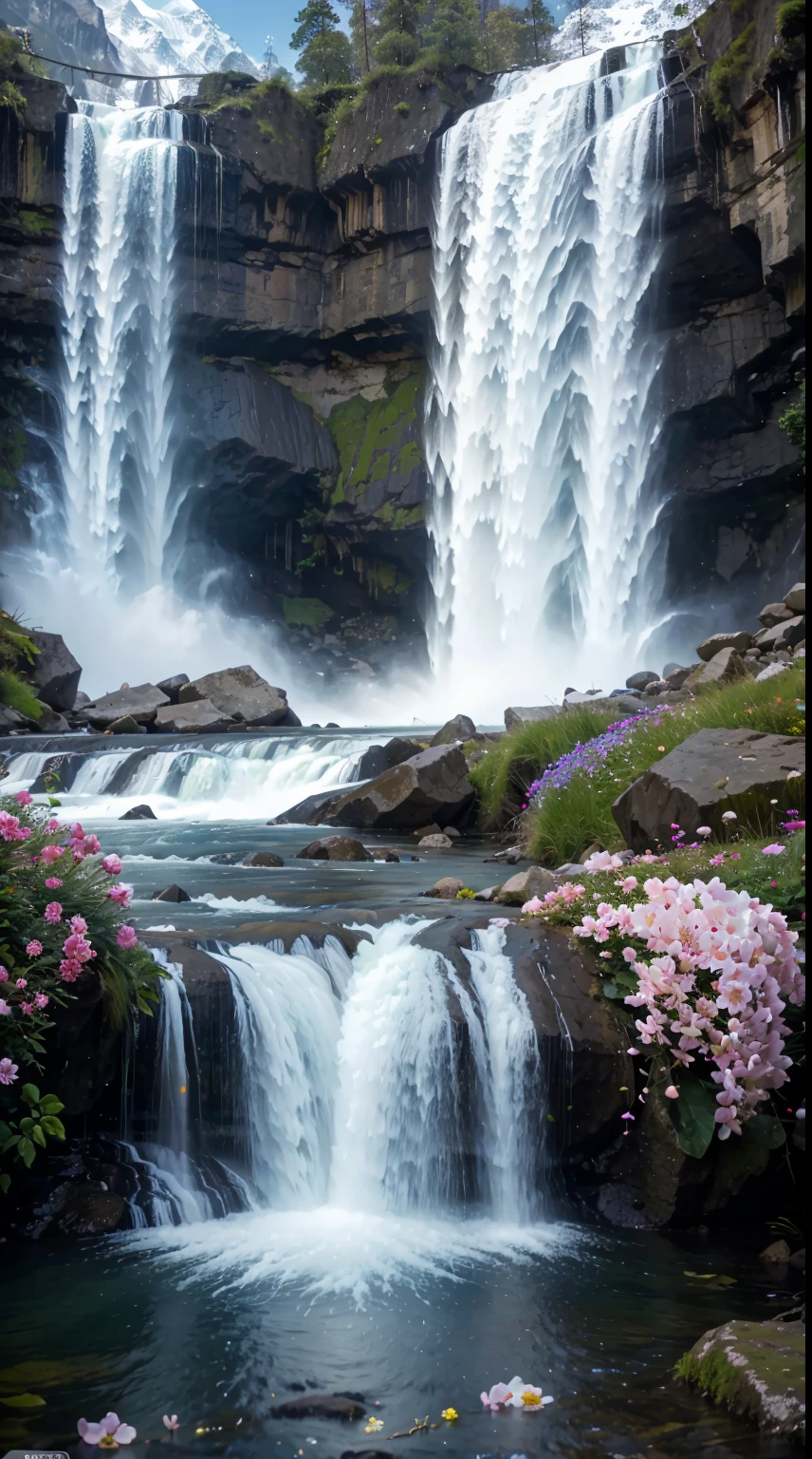 Wallpaper reality, waterfall hyper realistic ultra quality, everest side flowers hyper realistic ultra quality, waterfall hyper realistic ultra quality, 8k