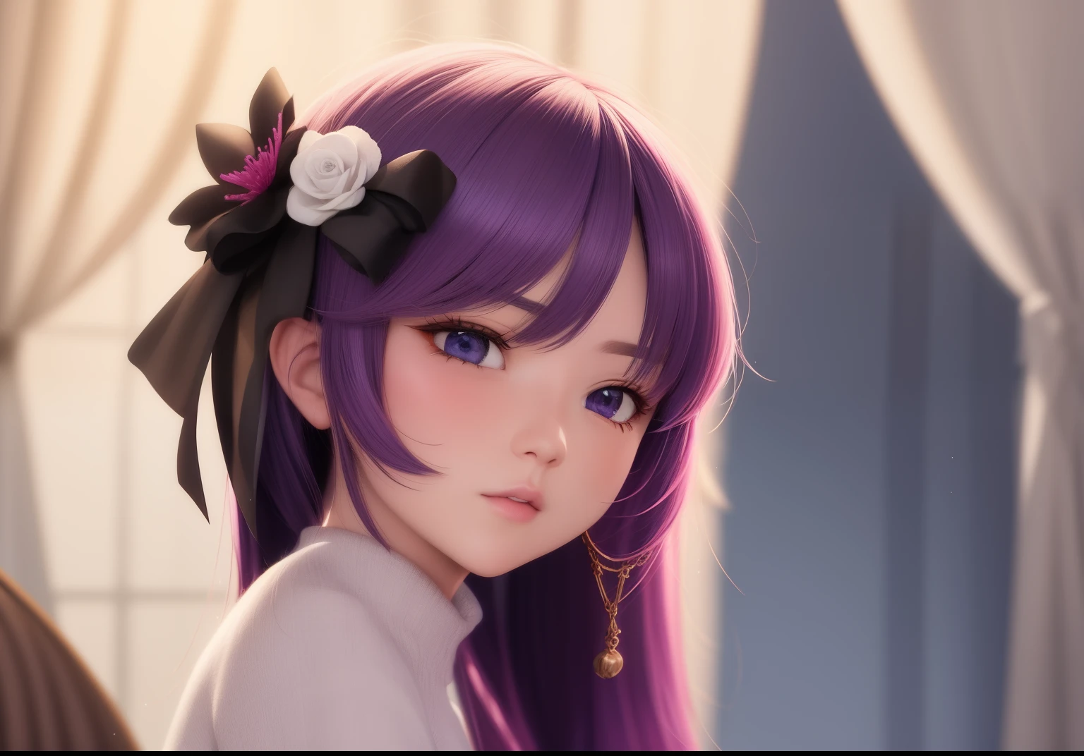 anime girl with purple hair and black dress holding a purple flower, anime style 4 k, anime moe artstyle, anime style. 8k, high quality anime artstyle, anime artstyle, anime stylized, anime styled 3d, stylized anime, anime style portrait, (anime girl), anime styled digital art, anime style digital art, anime digital art