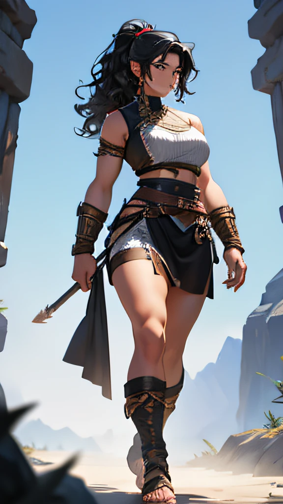 Black hair, Pony tail, Curly wavy hair, Light eyes Muscular woman, fantasy outfit, cloth, clothing, legs, BODY, head to toe, barbarian clothing