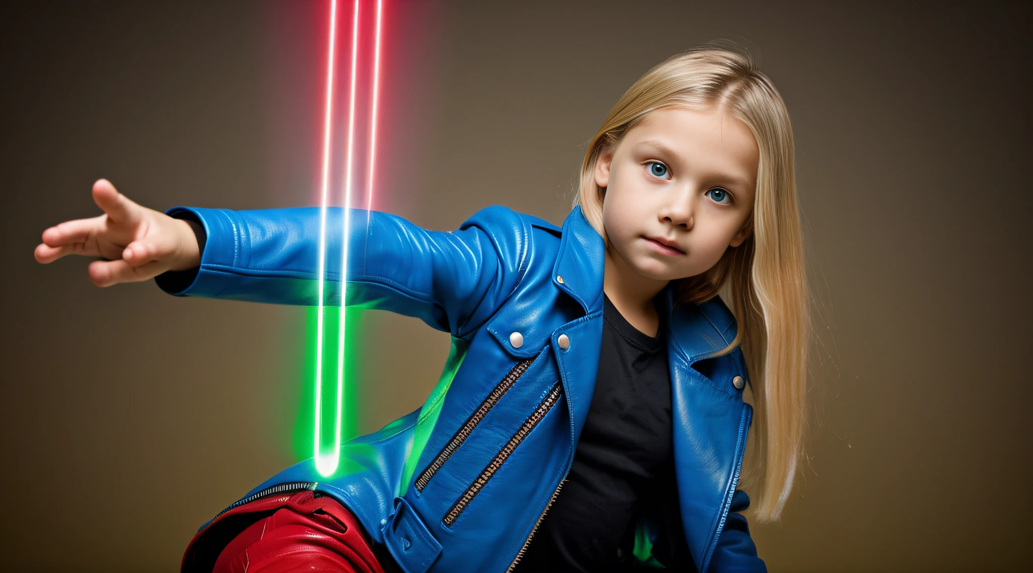 blonde-haired CHILD girl with blue eyes and long blonde hair in a red leather jacket with wings holding a GREEN LASER. ,
