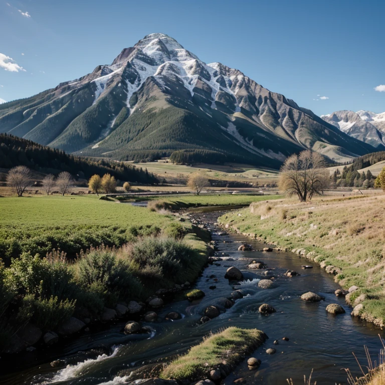 Very detailed field with mountain in the back with a river that includes elk