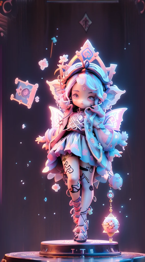 Blind box style，a girl chibi，tmasterpiece, Best quality at best, 8K, 电影灯光, 超高分辨率, (the golden ratio: 1.2),(Doodle rose:1.2),(Fault color:1.3),[(The white:1.4)::10],(Full body lesbian:1.2),(hyper-detailing:1.3),(tarot cards:1.6),(magic tutor:1.6),(magic tutor: tarot cards): 1.6), (: 1.2), (faeries: 1.6), (Fairy wings: 1.2), Full body lesbian, standing in the air, (Cool: 1.2), (Red long-haired),(butterfly hair accessories flower hair accessories: 1.0),((sandals,rockets)),(Colorful cocktail dresses:1.0)+ (Loose-fitting sleeved jacket:1.3)+(Floating colored tassels and ribbons: 1.2),(Blanche: 1.2),(colorful flower sea:1.3),(chaotic geometric images:1.3 ), (negative space: 0.8), (wood planks: 1.3), (Ether colorful ink flow: 1.3)