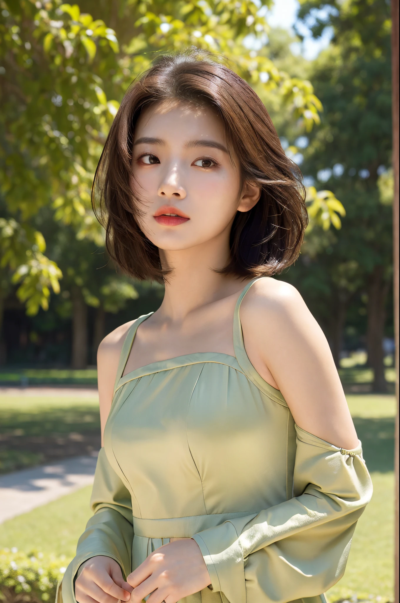 (tmasterpiece: 1.3), (8K, photograph realistic, RAW photogr, Best quality at best: 1.4), (1个Giant Breast Girl), pretty  face, (Realistic face), (brunette color hair, short detailed hair: 1.3), Beautiful hairstyle, photorealistic eye, 美丽细致的眼睛, (Realistic skin), Beautiful skins, (Clothes random), hoang lap, carismatic, 超高分辨率, So surreal, high detal, the golden ratio, , Beutiful women, Neat clothing, The background  a sunny park, Looks like Japanese star Saito Asuka,