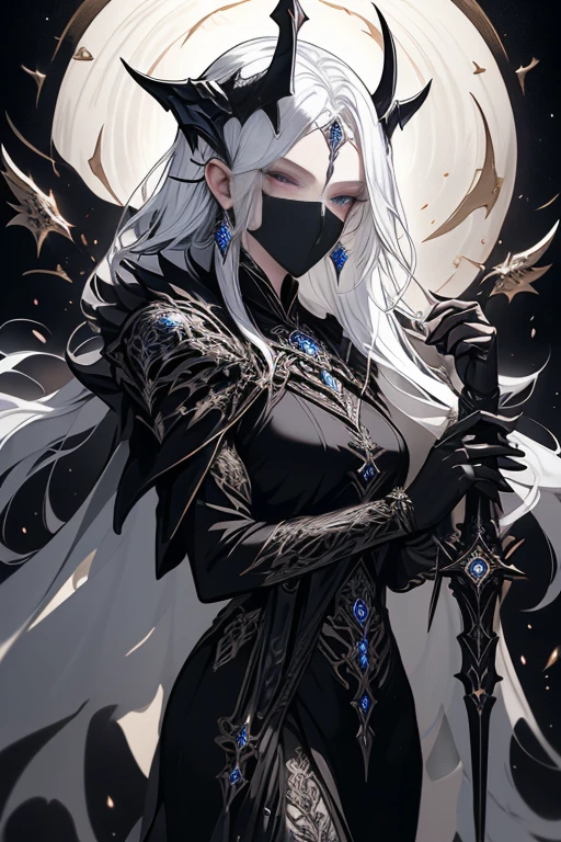 Hellbringer Mel，Dressed in black robes，The mask  engraved with mysterious patterns，Eyes flashing with cold light，Fingers are long and beautiful，The voice  deep and beautiful，Leading guilty souls to trial and punishment，Maintain balance and justice in the world。