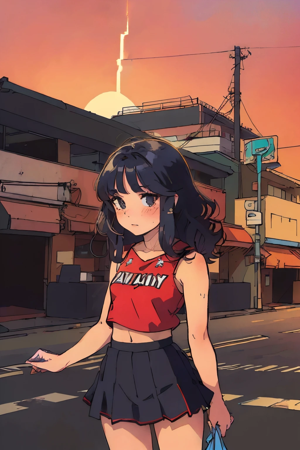 anna, curly long hair and fringe, cheerleader black and red outfit, city, building, on the road, retro, 2d flat, sunset lightning, japan