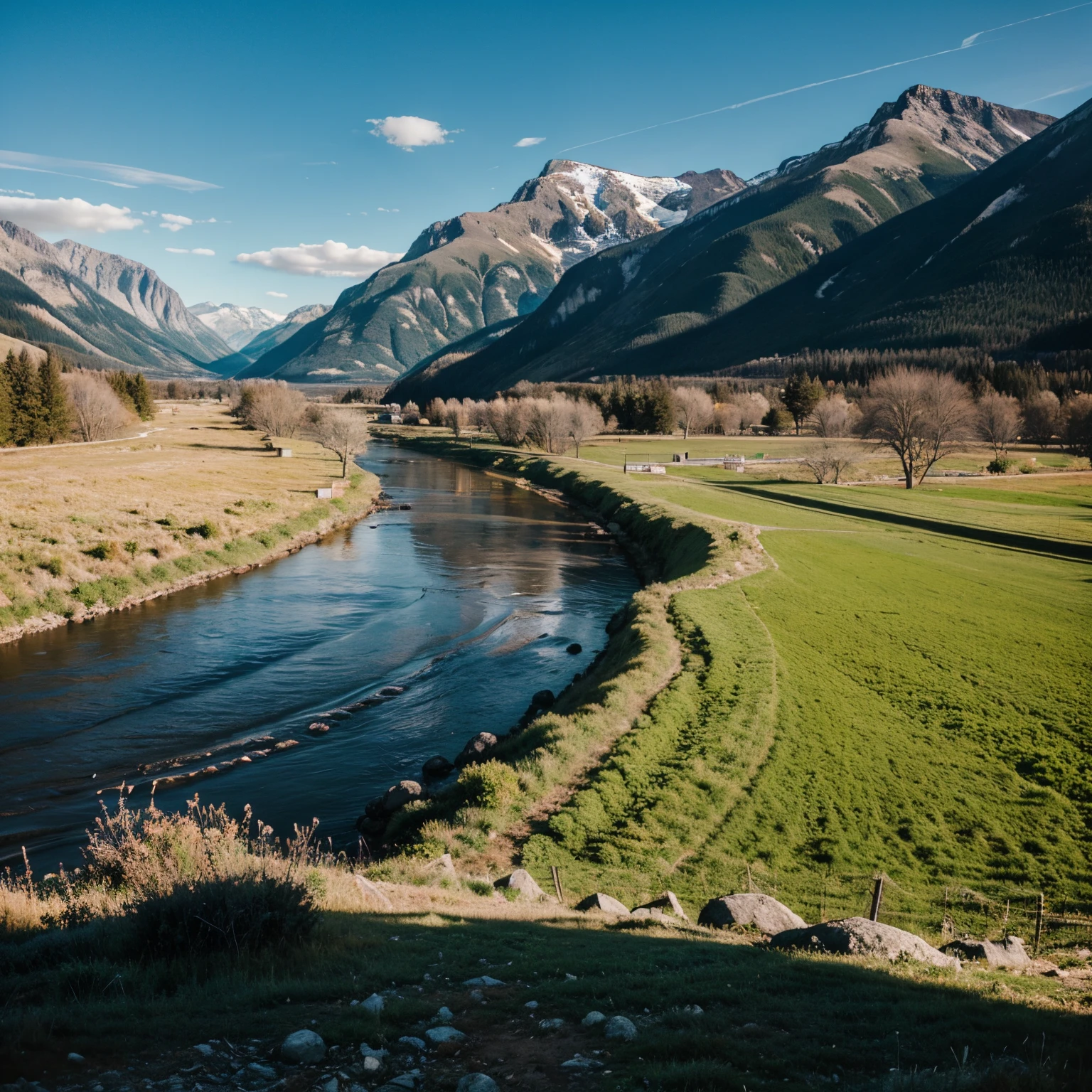 Very detailed field with mountain in the back with a river that includes elk