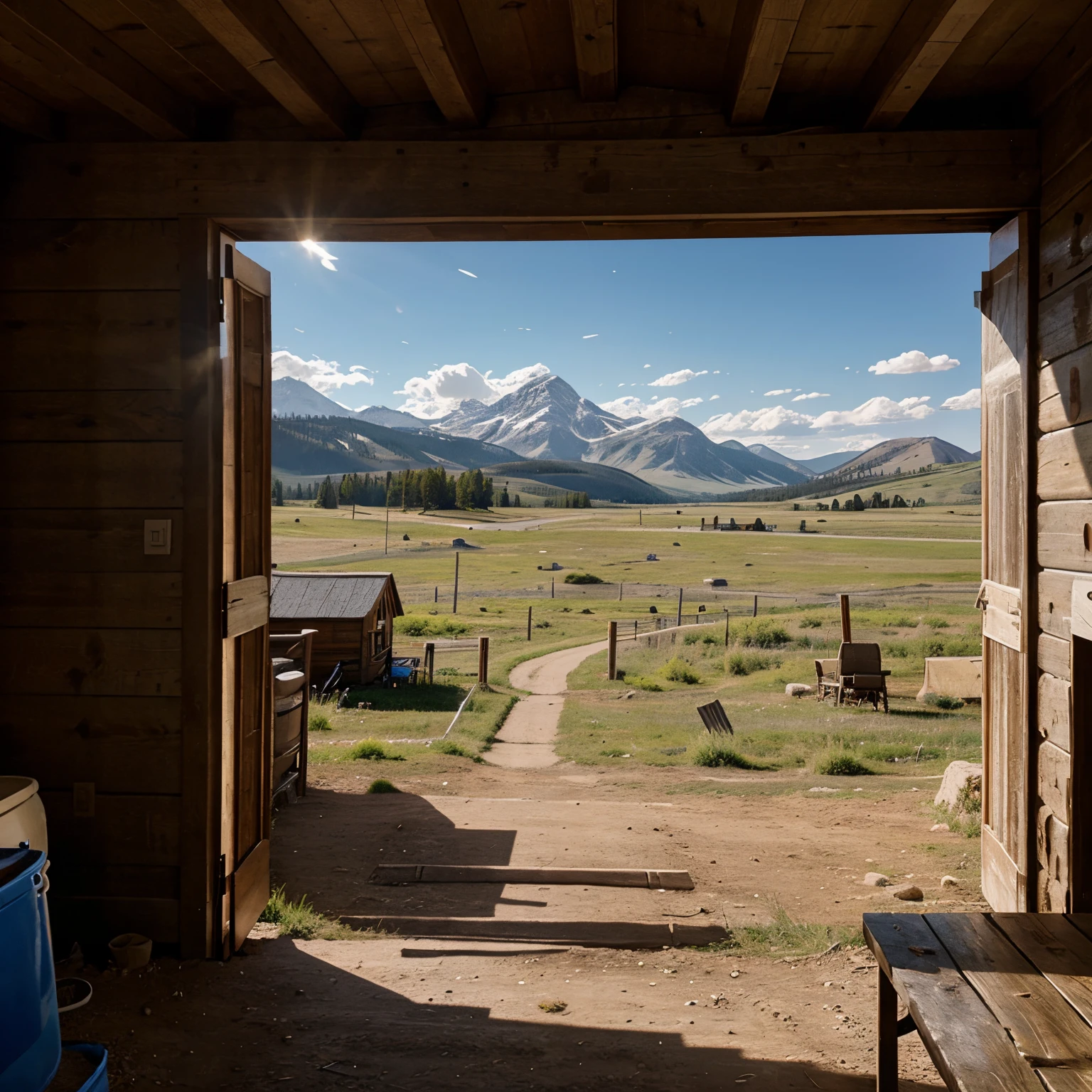 Montana landscape with settlers arriving