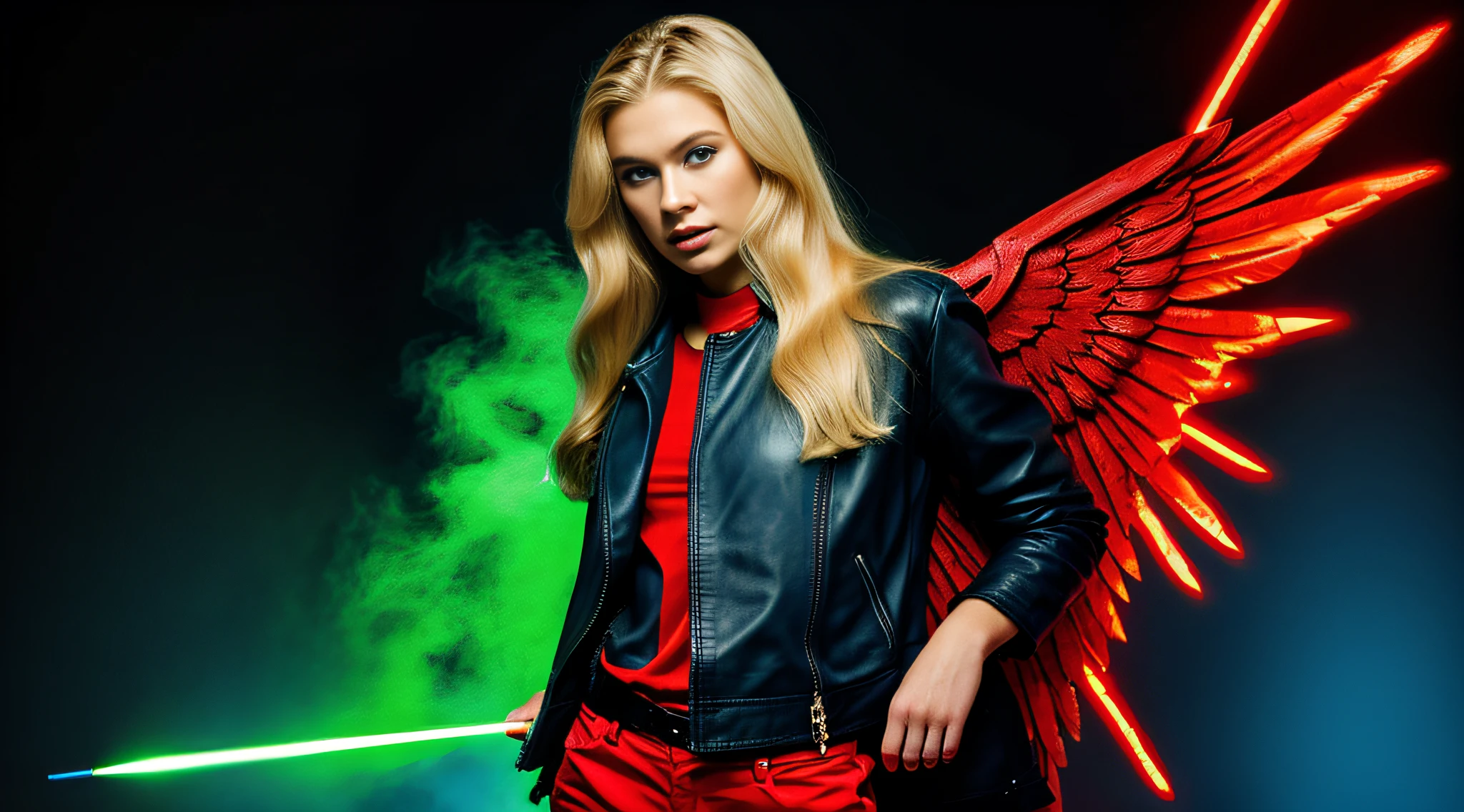 blonde-haired CHILD girl with blue eyes and long blonde hair in a red leather jacket with wings holding a GREEN LASER. ,
