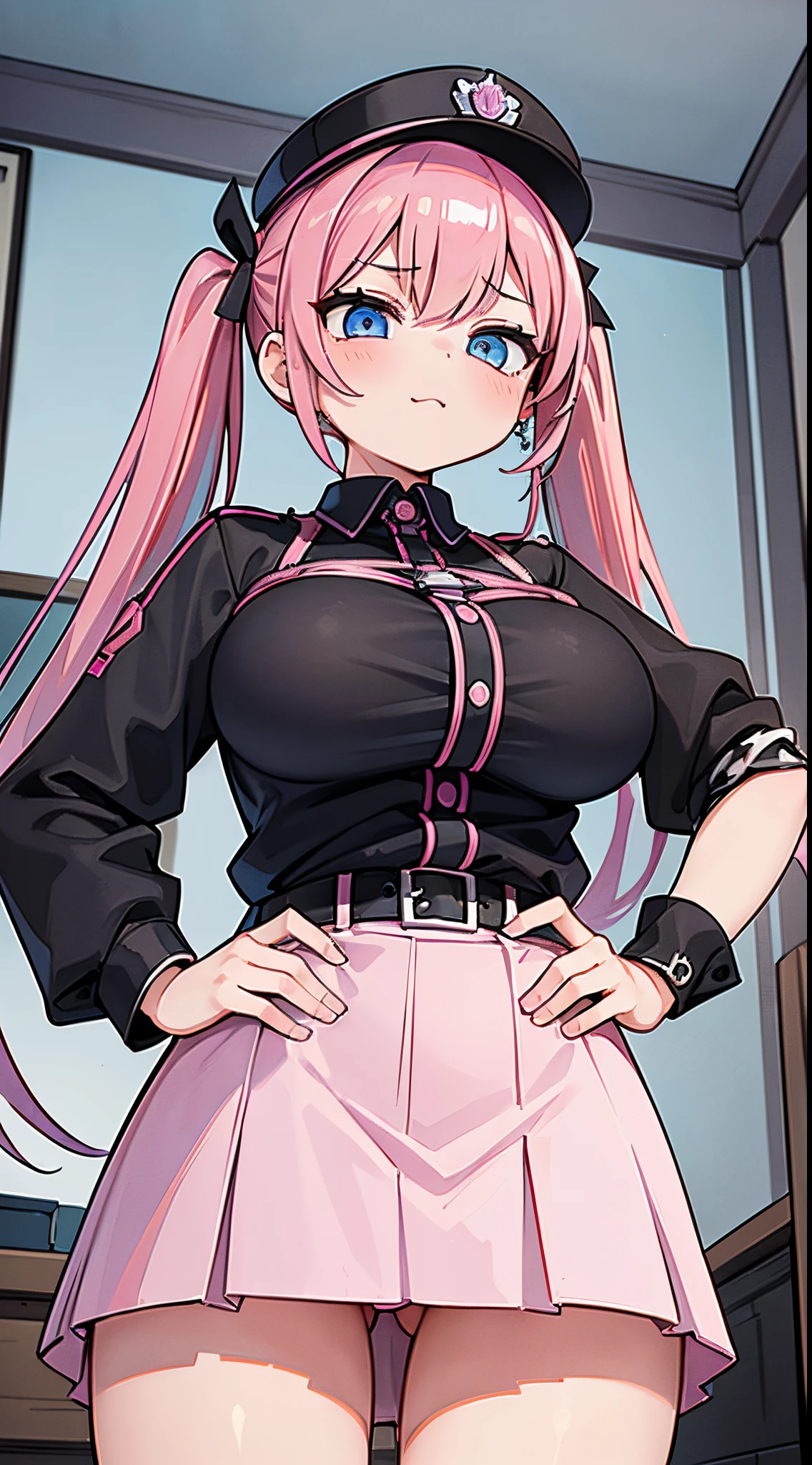 (masterpiece、top-quality、ultra-detailliert)、((1 girl))、((Pink hair twin tails))、light blue eyes、evilsmile、piercings、((very Bigger breasts))、black bondage、shiny、police hat、Put your hands on your hips、Taken from below、cowboy shot、murky、bedroom background