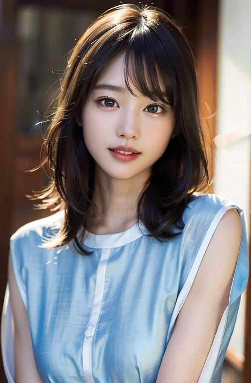 (8k, RAW photo, best quality, masterpiece:1.2), (realistic, photo-realistic:1.37), ultra-detailed, ultra high res,1 girl,looking at viewer,beautiful detailed face,smile,narrow,(slim waist:1.3),shirt, beautiful detailed skin, skin texture, floating hair,professional lighting,