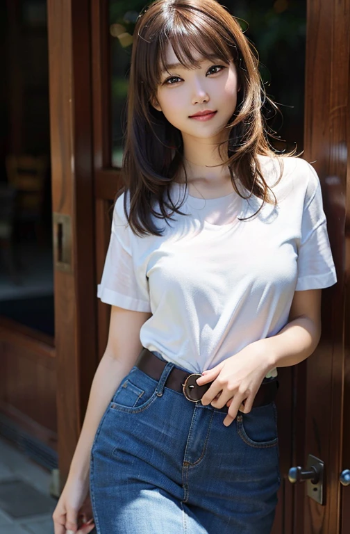 (8k, RAW photo, best quality, masterpiece:1.2), (realistic, photo-realistic:1.37), ultra-detailed, ultra high res,1 girl,looking at viewer,beautiful detailed face,smile,narrow,(slim waist:1.3),shirt, beautiful detailed skin, skin texture, floating hair,professional lighting,