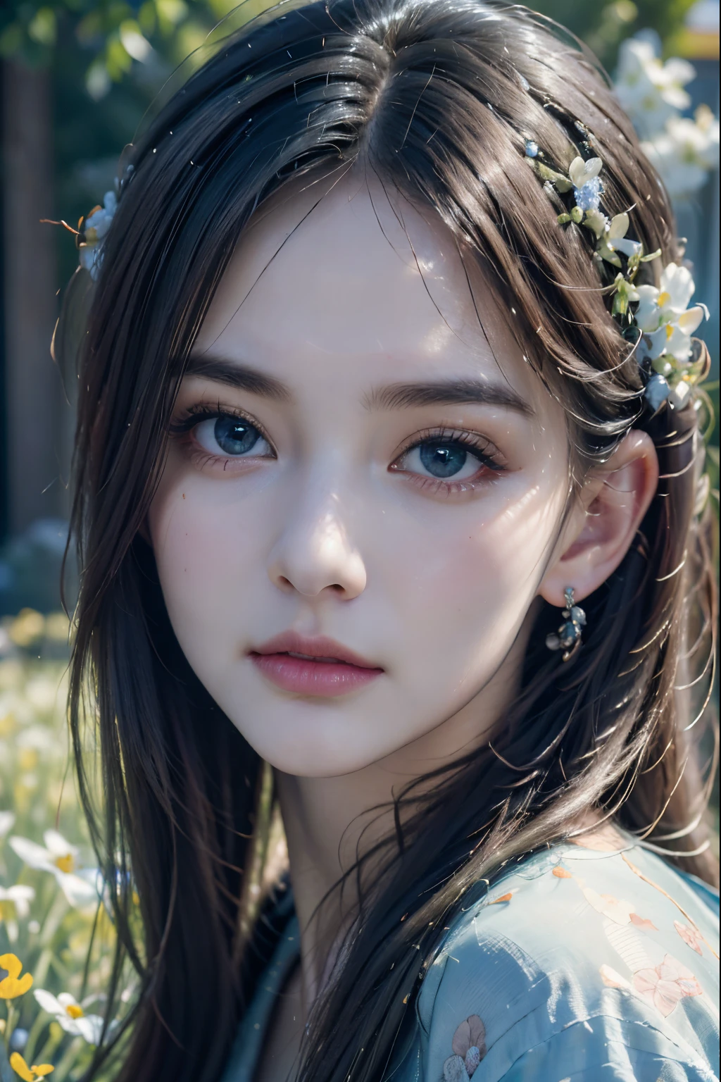 A girl, gardening,beautiful detailed eyes,beautiful detailed lips,extremely detailed face, long eyelashes,medium:oil painting, vibrant colors,flowers blooming,green grass,clear blue sky(best quality,4k,8k,highres,masterpiece:1.2),ultra-detailed,realistic(HDR,UHD,studio lighting),peaceful atmosphere.