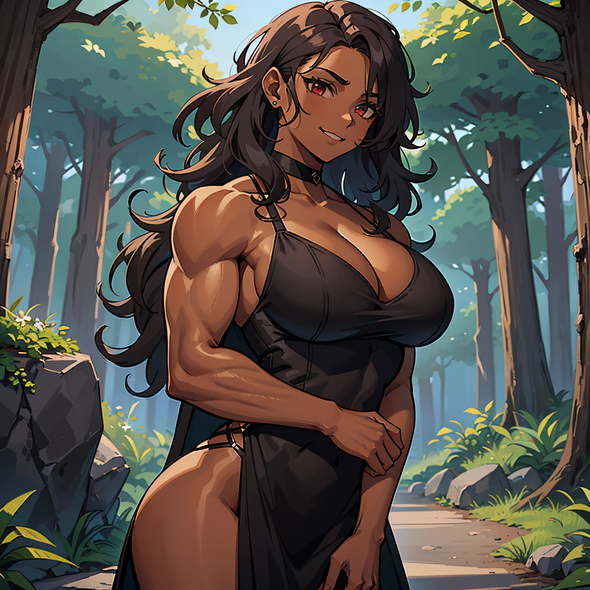 ((Solo)), female, black dress, fantasy outfit, forest, short plum colored hair, wavy hair, messy hair, (dark tan skin), athletic, slightmuscle, slightly muscular, gentle smile, red eyes, slightly cleavage, muscle arms