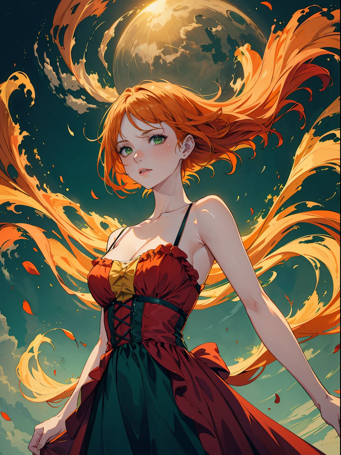 handsome girl,Green eyes,llong orange hair,Hyperresolution,accuracy,Detailed rendering,(Subtle facial image)(Image of fine hair)(topquality)(Masterpieces of masters)(High degree of completeness)(A sense of atmosphere)tmasterpiece,Super detailed and super detailed(half-body portrait)in a red velvet sundress, night field in the background, the city is visible in the distance