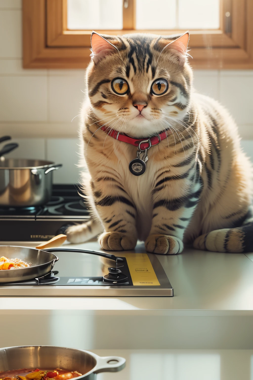 A cute Scottish fold cat with round eyes, Put on chef uniform, Cooking in the kitchen, sun light from window.