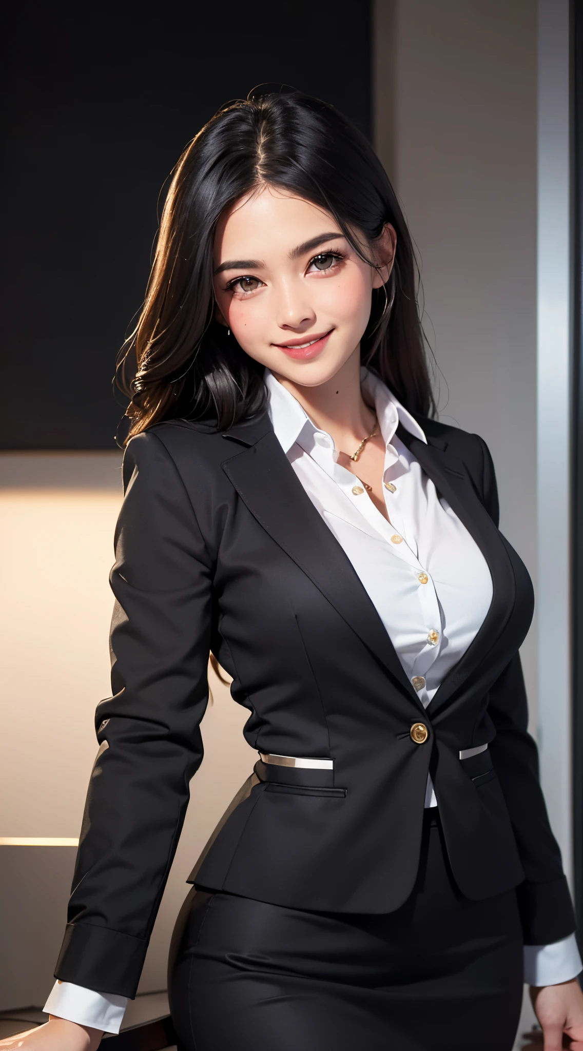 (UHD, retina, masterpiece, ccurate, anatomically correct, textured skin, super detail, high details, high quality, best quality, highres, 1080P, HD, 4K, 8k, 16k), (beautiful detailed eyes, beautiful detailed lips, extremely detailed eyes and face), studio lighting, physically-based rendering, vivid colorig tits, super big tits, super extra big tits, glamorous body), (business skirt suit, black color business shirt:1.5), (portrait, shiny hair, shiny skin), (bokeh), (tilt your head to the side:1.5), eye reflection, (blush, smile:1.5),