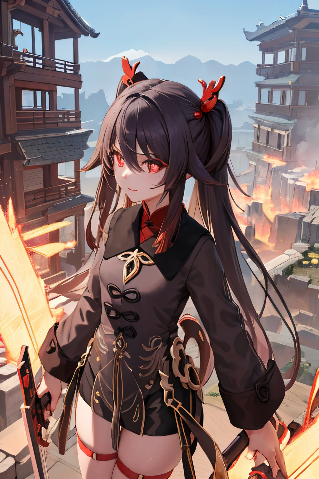 Nai's original god: hu tao,Young girls, Alone, 's, Wear futuristic clothes, Complex weapons, Weapon distribution map (Location of power distribution parts and corresponding equipment, combi),Character drawing, Background with