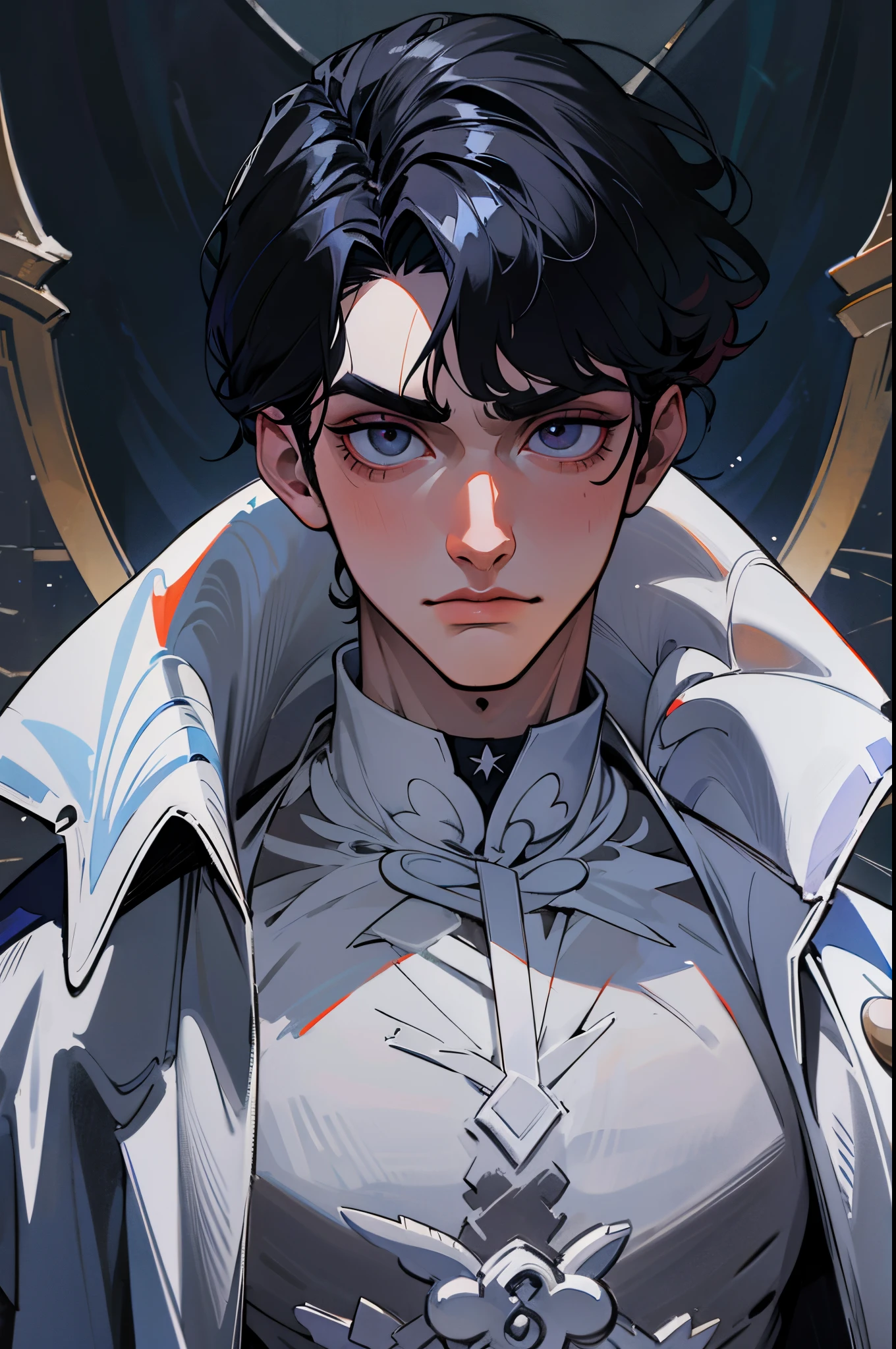 Manhwa Arte Europeo, 25 years old man, Pelo desordenado de la cabecera, Cabello negro azabache, ojos penetrantes, cejas gruesas, Llevar disfraz de vampiro, ojos amarillos, orejas punteagudas, colmillos salientes de su boca, sangre resbalando de su boca, amenazante, sexy, ,  razor-sharp jawline, mirada penetrante, Cold and mysterious character, 8k, Detailed features, muy guapo