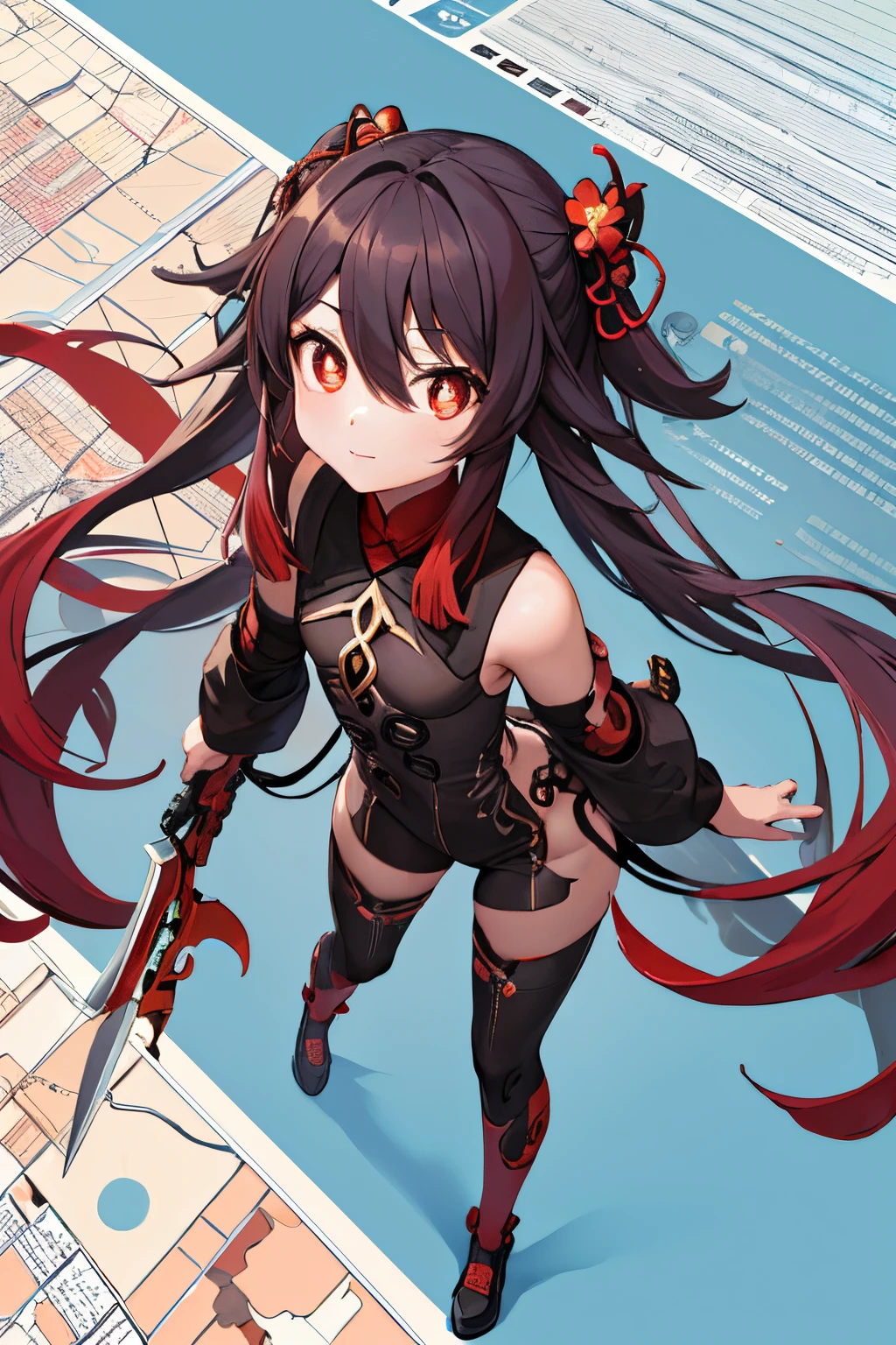 Nai&#39;s original god: hu tao,Young girls, Alone, 's, Wear futuristic clothes, Complex weapons, Weapon distribution map (Location of power distribution parts and corresponding equipment, combi)，Character drawing,  Background with