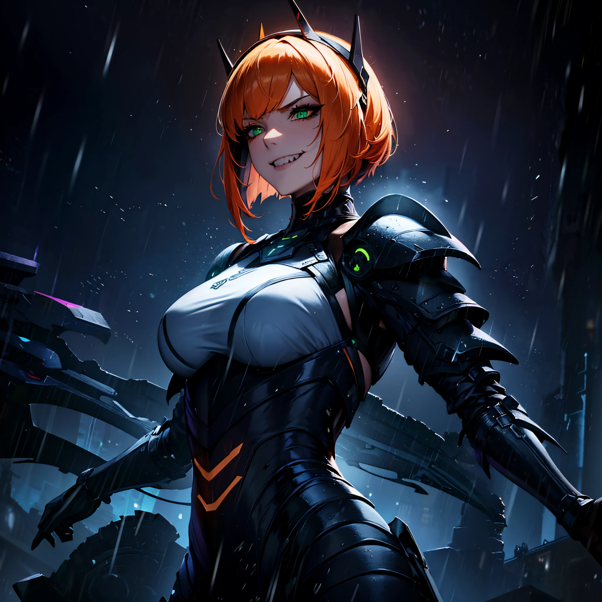 1 girl, solo, villain, light assault armour, young woman, 25yo, black armour, green eyes, orange hair, short over the shoulders hair, sidebangs, hair between eyes, headband, silver emblem on armour, jagged_teeth, rainy night, cyberpunk ambience, crazy smile, fierce