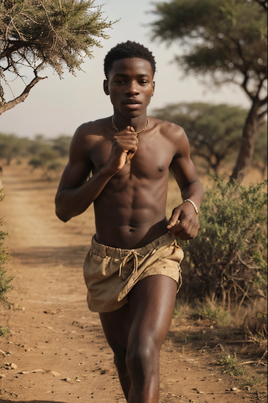 Slim and athletic 18 year old African boy in old clothes runs barefoot in the African savanna. Plano medio.