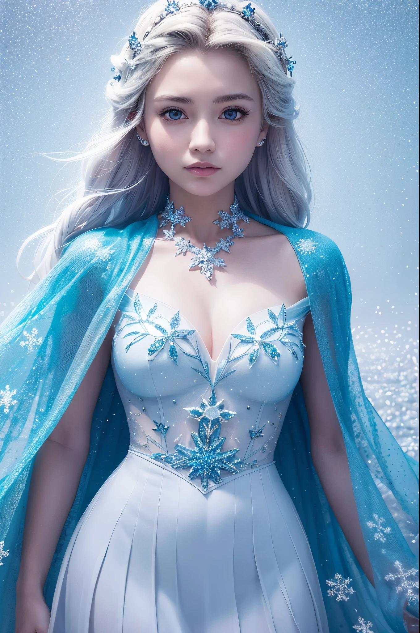 Queen Elsa,Shy expression,In the world of ice and snow,Super big breasts,whole body,White long hair,Genital contour,Wet,pubic hair,Deep scene,Vaginal seam