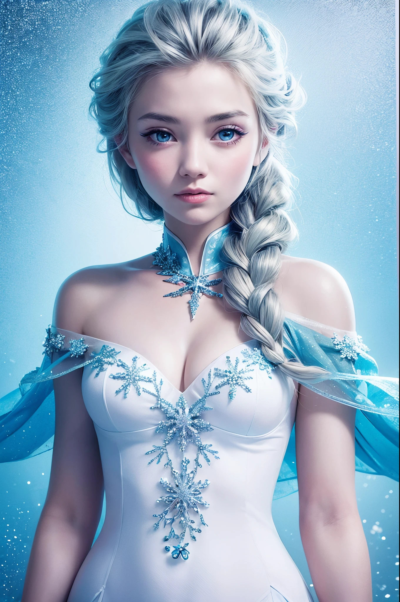 (best quality, masterpiece), 1girl, upper body, looking at the viewer, frozen, Elsa, white background with snowflake pattern, full_body portrait, sea blue filter