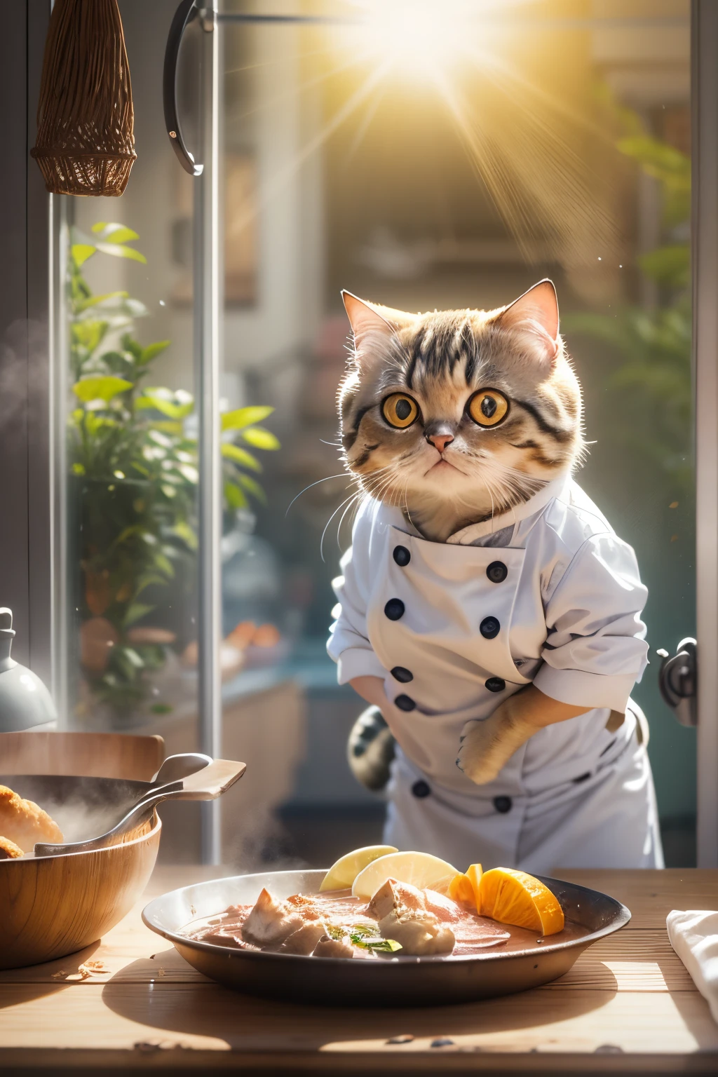 A cute Scottish fold cat with round eyes, Put on chef uniform, Cooking in the kitchen, sun light from window.