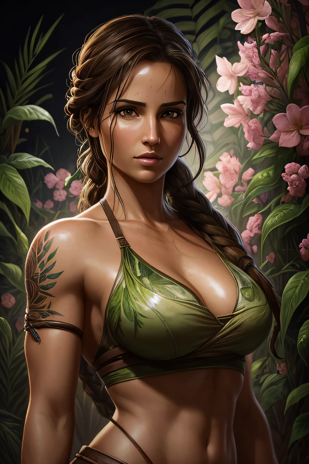 lara croft in A botanical masterpiece in the style of Marco Mazzoni, detailed, hyper-realistic, front view, elemets of symbolism and surrealism, a painting by mse a attractive seductive lara croft, luminous design, pastel colours, ink drips, spring lights, intricate design, looking to the viewer intertwined, beautiful attractive seductive lara croft, flowers, pastel, looking to the viewer, front view