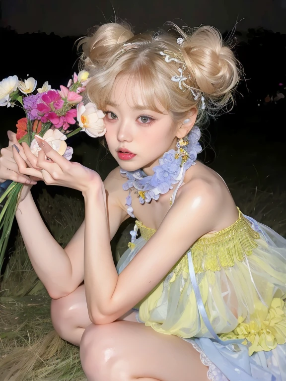 Chica rubia disfrazada de hada sosteniendo un ramo de flores., Jinyoung Shin, Fairycore, pale fair skin!!, mirada de hada, 🌺 CGSociety, con flores, Sha Xi, Articulated doll with ball, Ethereal Flowerpunk, Guweiz, ulzzang, Retrato de Kim Petras, Taejune Kim, Hermosa Delphine