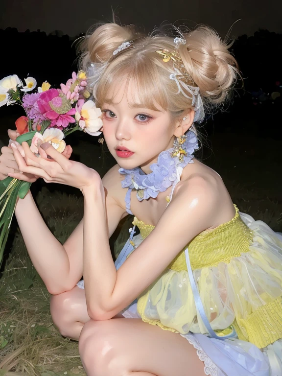 Chica rubia disfrazada de hada sosteniendo un ramo de flores., Jinyoung Shin, Fairycore, pale fair skin!!, mirada de hada, 🌺 CGSociety, con flores, Sha Xi, Articulated doll with ball, Ethereal Flowerpunk, Guweiz, ulzzang, Retrato de Kim Petras, Taejune Kim, Hermosa Delphine