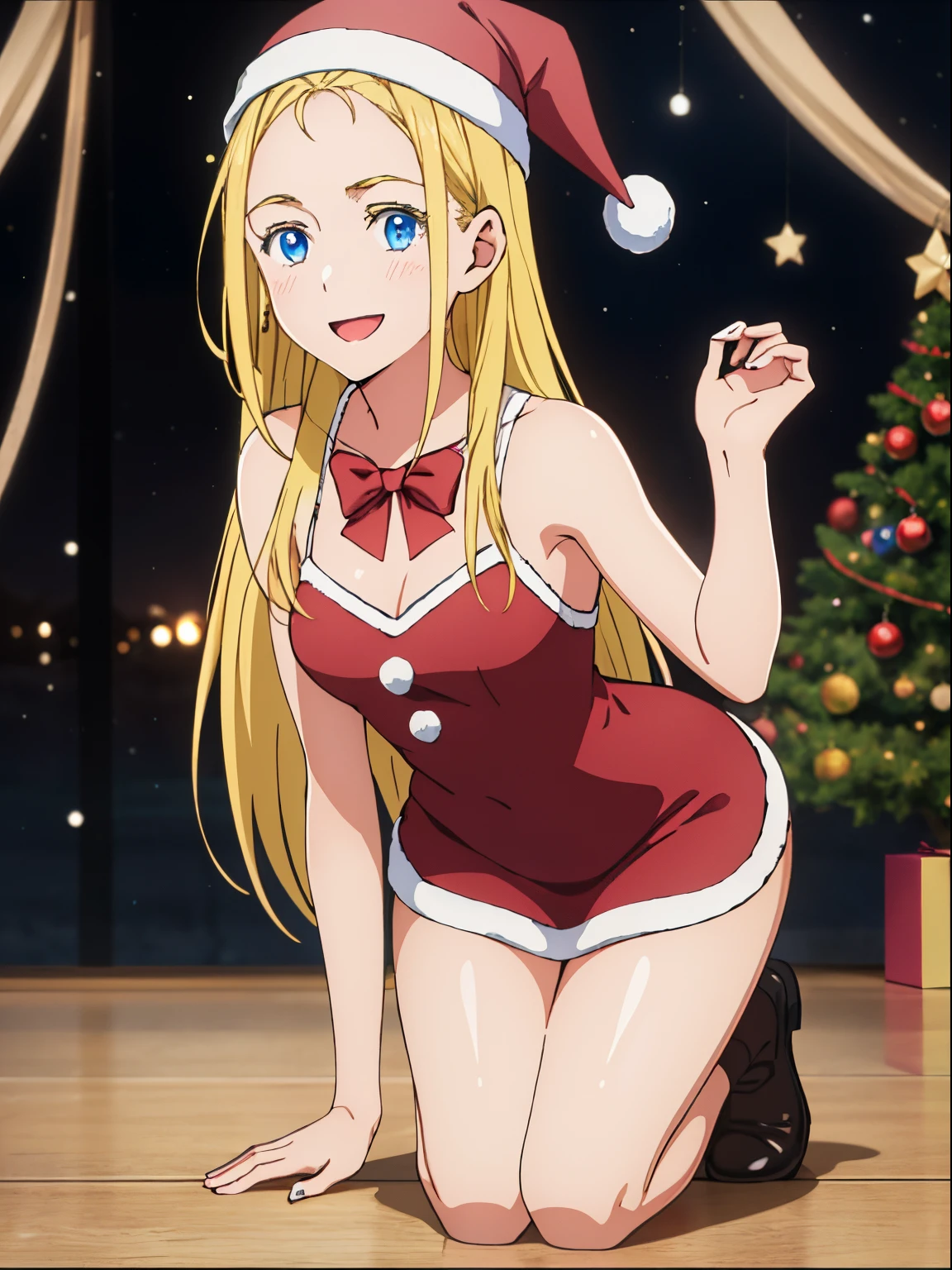 Kofune Ushio, girl alone, (18years old girl:1.9), (1girl:1.9), (blue eyes:1.4), (blushing:0.9), (long blonde hair:1.5), (happy face:1.5), (little smile:1.1), Masterpiece, high quality, 4k, 8k, (High Definition:1.9), separate white collar, red bow tie, White socks, dinamic pose, christmas background, Christmas decoration, santa claus hat, sexy santa claus red bell dress, sexy santa claus red bell dress, sexy santa claus red bell dress, kneeling, view front, front view,