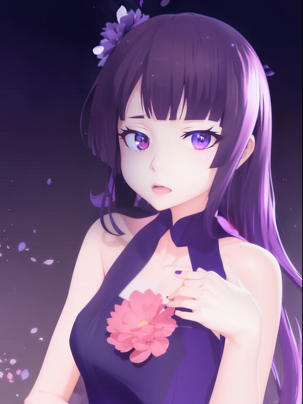 anime girl with purple hair and black dress holding a purple flower, anime style 4 k, anime moe artstyle, anime style. 8k, high quality anime artstyle, anime artstyle, anime stylized, anime styled 3d, stylized anime, anime style portrait, (anime girl), anime styled digital art, anime style digital art, anime digital art