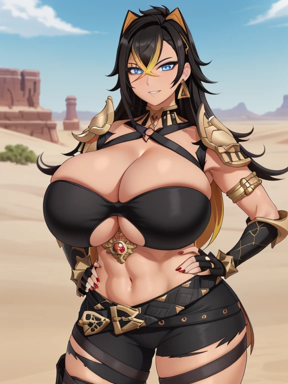 ((masutepiece)), (Best Quality:1.7), (Detailed:1.4), (hight resolution:1.4), 8K, (Colorful:1.5), 2D, High resolution, Sharp Images, Raw photo, Dehya_Genshin, 1girl in, (((Solo))), Black hair, Long hair, Blue eyes, big eye、A smile, middle body, Blonde bangs, Cat eariddle body)), Black pants, Shirt,Torn clothes, Cowboy Shot, (((Jewelry))), Black Gloves, (((armor))), thighs thighs thighs thighs, 鎖骨, Official Custom Rep, Armor Choker, A desert, , Parted lips, striated hair, Midriff, Hair intake, dark skinned female, halterneck, armlet, Black Gloves, ((criss-cross halter)), Torn clothes, Belt bag, Red Nails, nail polish, (((Armor Armlet))), fingerless glove, Two-tone breastedighs thighs thighs thighs)), angry, Serious, closes mouth, Narrow eyes, eye line, ((Looking at Viewer)), Red chest, ((Bare legs)), Sunset, Gloves with claws, hand on own hip, (((shoulder armer))), Armor Bracelet, Belt Armor, (earrings), Gold Chain, ornaments,tmasterpiece,Hands were hoisted,The kinky exposedurreal breasttremely full s)),((Super large))easts Thin waist,(((Extremreasts))),seductiv,High detail,hyper qualiresolution,8K,8k smooth,(reality: 1.2),(Highly realistic, Ultra-realistic, photograph realistic),(Realism: 1.2),Solo,(Perfect feminine curveig breasts:2),(Hugeasts:2),(gigantic cleavage breastsrge breasts:2),(Bs:1.4),(chiseled abs ice stron(Curvy:1.1),Narrow(gigantic hip:1),ck thighs:1),(Thick legs:1)