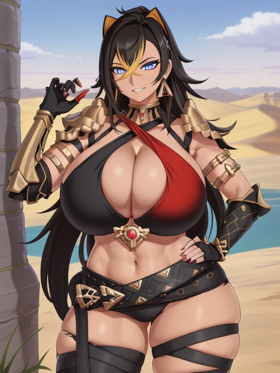 ((masutepiece)), (Best Quality:1.7), (Detailed:1.4), (hight resolution:1.4), 8K, (Colorful:1.5), 2D, High resolution, Sharp Images, Raw photo, Dehya_Genshin, 1girl in, (((Solo))), Black hair, Long hair, Blue eyes, big eye、A smile, middle body, Blonde bangs, Cat eariddle body)), Black pants, Shirt,Torn clothes, Cowboy Shot, (((Jewelry))), Black Gloves, (((armor))), thighs thighs thighs thighs, 鎖骨, Official Custom Rep, Armor Choker, A desert, cleavage, Parted lips, striated hair, Midriff, Hair intake, dark skinned female, halterneck, armlet, Black Gloves, ((criss-cross halter)), Torn clothes, Belt bag, Red Nails, nail polish, (((Armor Armlet))), fingerless glove, Two-tone breasted, ((thighs thighs thighs thighs)), angry, Serious, closes mouth, Narrow eyes, eye line, ((Looking at Viewer)), Red chest, ((Bare legs)), Sunset, Gloves with claws, hand on own hip, (((shoulder armer))), Armor Bracelet, Belt Armor, (earrings), Gold Chain, ornaments,tmasterpiece,Hands were hoisted,The kinky exposed ,(Surreal breasttremely full breasts)),((Super large)),Big breasts Thin waist,(((Extremely large breasts))),seductiv,High detail,hyper qualit,high resolution,8K,8k smooth,(reality: 1.2),(Highly realistic, Ultra-realistic, photograph realistic),(Realism: 1.2),Solo,(Perfect feminine curveig breasts:2),(Huge breasts:2),(gigantic cleavage breasts:2),(Large breasts:2),(Bare tits:1.4),(chiseled abs : 1.1),Nice strong legs,(Curvy:1.1),Narrow waist,(gigantic hip:1),(Thick thighs:1),(Thick legs:1)