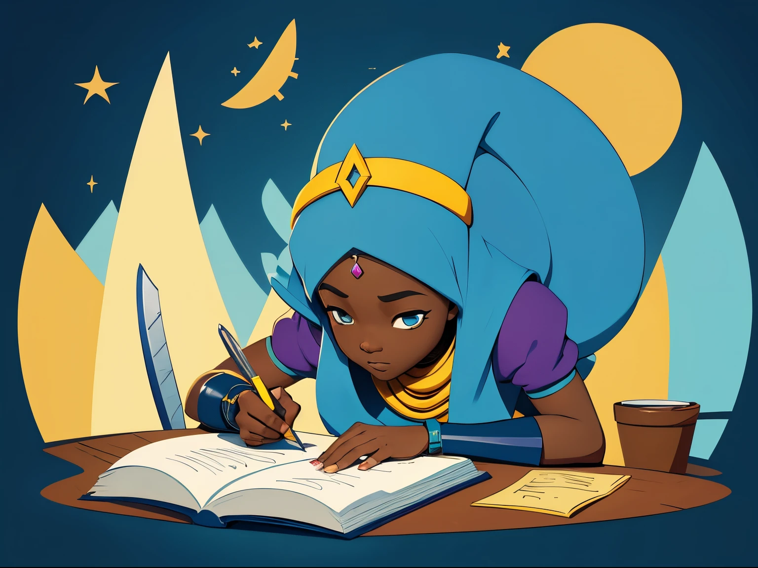 cartoon network style illustration of a first African in a fantastic world of swords and sorcery writing letters on tablets, simple lines reminiscent of the adventure time cartoon, arte de caricatura