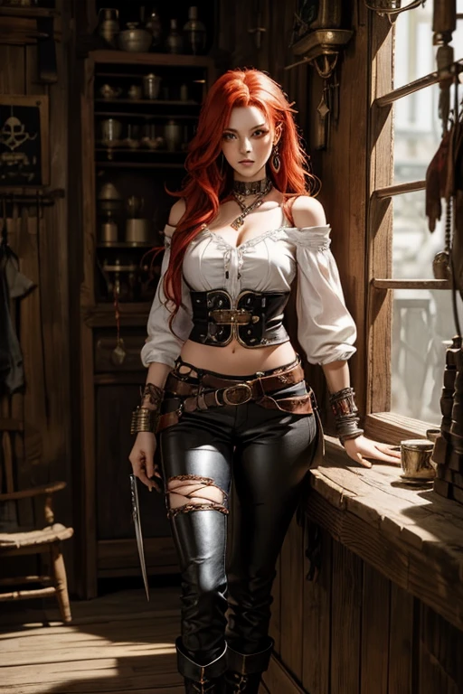 A woman with red hair and emerald eyes. She wears a flowing white pirate shirt that sit low on her shoulders. Her pants are leather and tight with stitching down the sides of the leg. She wears tall leather pirate boots. Her jewellery is of a gypsy style.