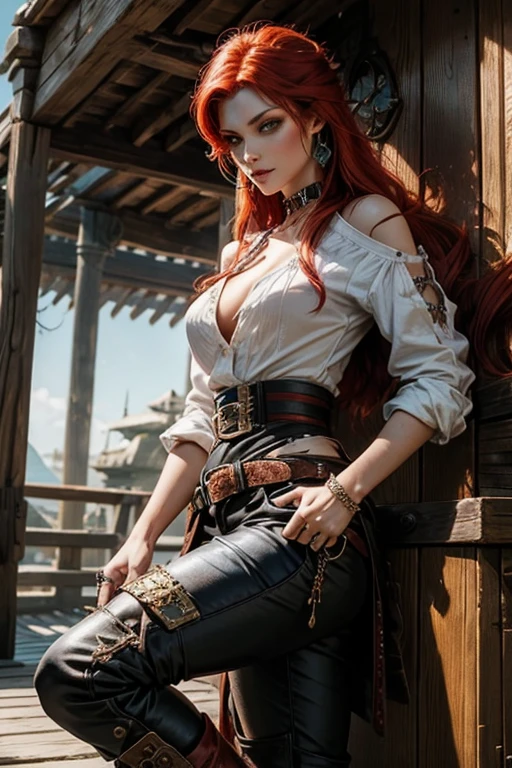 A woman with red hair and emerald eyes. She wears a flowing white pirate shirt that sit low on her shoulders. Her pants are leather and tight with stitching down the sides of the leg. She wears tall leather pirate boots. Her jewellery is of a gypsy style.