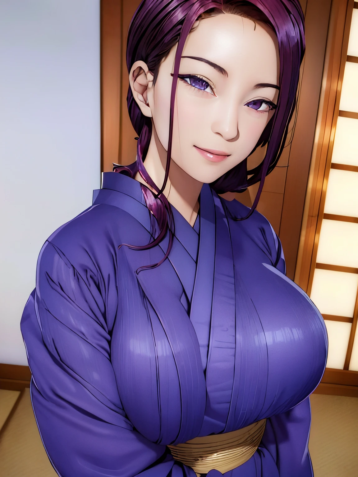 High resolution, Highest Quality, Illustration, super detailed, (Detailed face), (Detailed eyes), Cinematic lighting, Best Quality, super detailed, masutepiece, fine lines, 1girl in, Solo, Red hair, Purple eyes,, Bright eyes, Large breasts, Clear, (Colorful), Upper body, scissors in hand, Indoor, Well-behaved girl, Imperial Japanese uniform