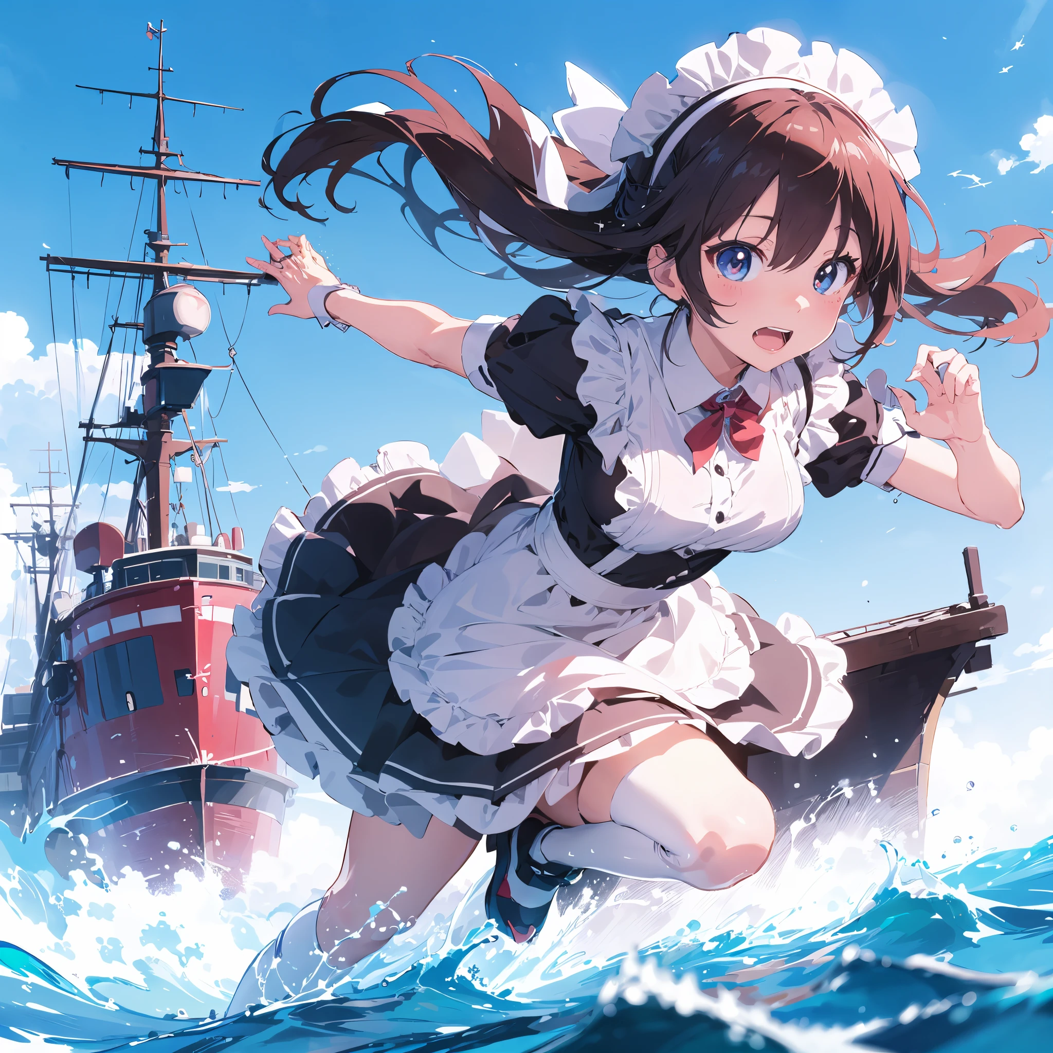 Anime girl in a maid costume running on a ship at sea, Kantai Collection Style, kancolle, konpeki no kantai, splash art anime ****, anime girl walking on water, Anime! 4K, Anime! 4 k, Lori, ****sh, art of kirokaze pixel, from the azur lane videogame, official artwork