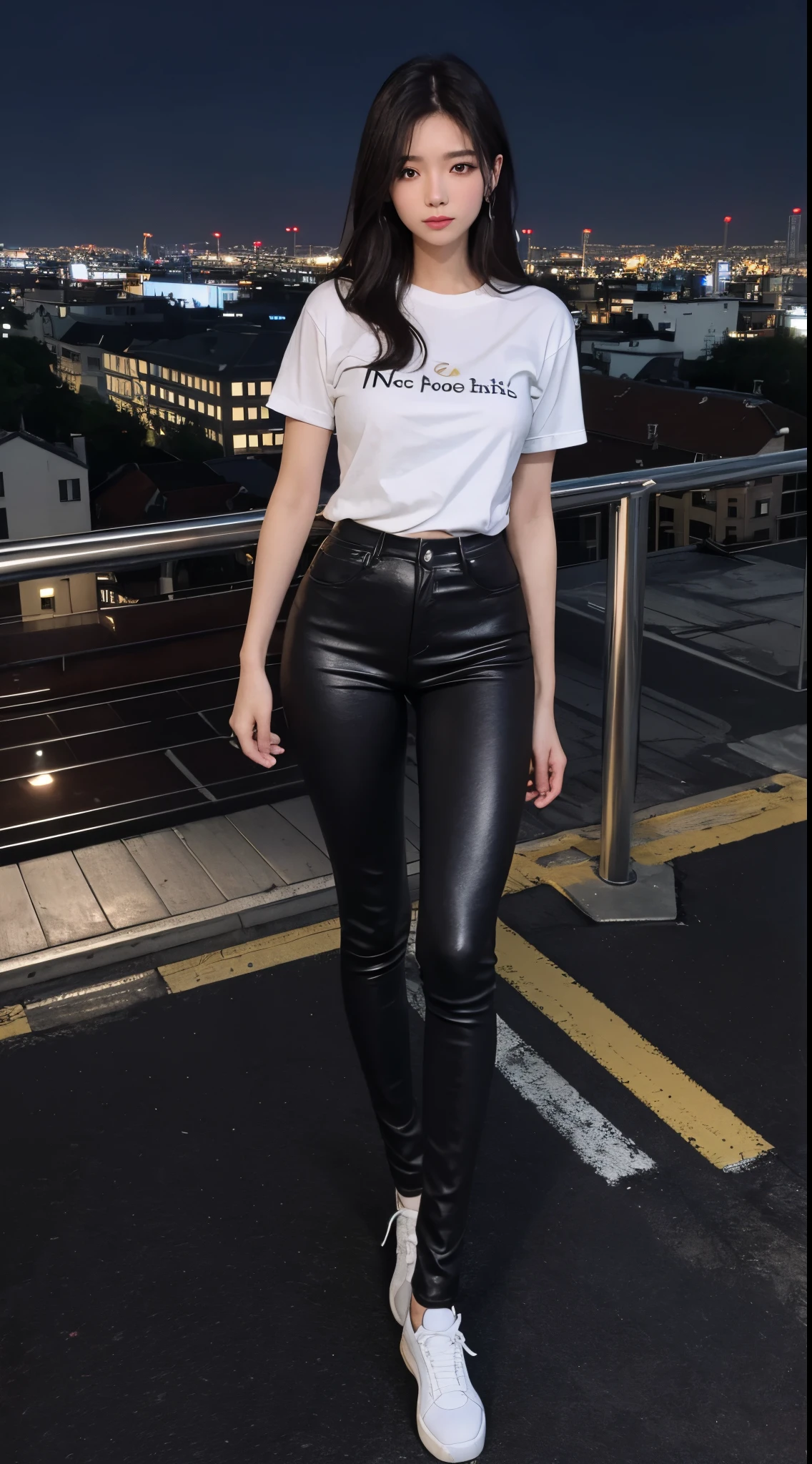 ((Need, 8k, tmasterpiece:1.3)), full bodyesbian, Long legs, Focalors:1.2, perfect figure beautiful woman:1.4, Slim abs:1.1, ((Dark brown layered hair, :1.2) ), (white tight t-shirt, skinny pants, standing on your feet:1.2), ((city night scene, the roof:1.3)), Highly detailed facial and skin texture, 詳細な目, 二重まぶた