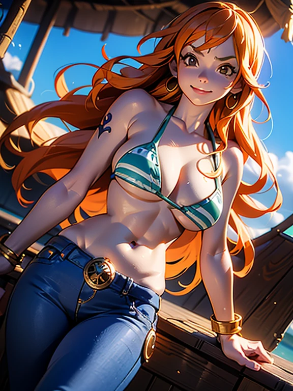 extremely beautiful (nami, one piece), subtle makeup, golden hour, photorealistic, high contrast, 8k HD, detailed, hyper-detailed, realistic skin texture, orange long hair, bikini top only, blue pants, large breast, best quality, ultra high res, raw photo, dramatic lighting, unreal engine, diffuse glow, outdoor, realistic, detailed, one piece, pirate ship, treasure chest, gold, gold coins, gold bars. realistic skin texture, realistic skin tone, realistic, photorealistic