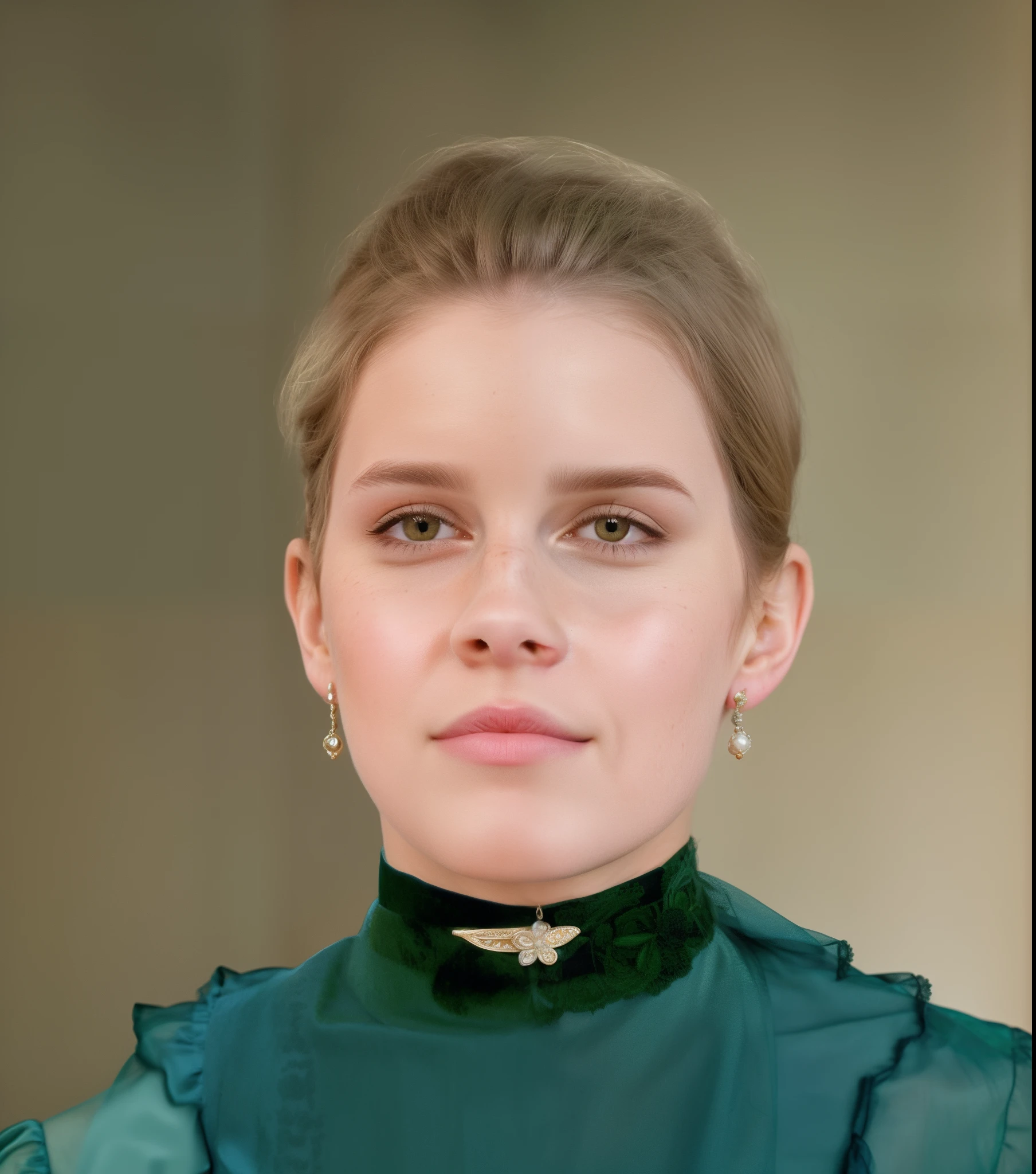 Mulher do Loire com vestido verde e saltos, looking-into-camera, rosto restaurado realista, inspirado em Thomas Millie Dow, rosto realisticamente renderizado, Antiga Rainha Emma Watson, Woman / cat hybrid, inspired by Anna Füssli, Non-style portrait of Craola, transformation portrait, inspired by Maria Johanna Görtz, rosto retocado, delicate androgynous prince