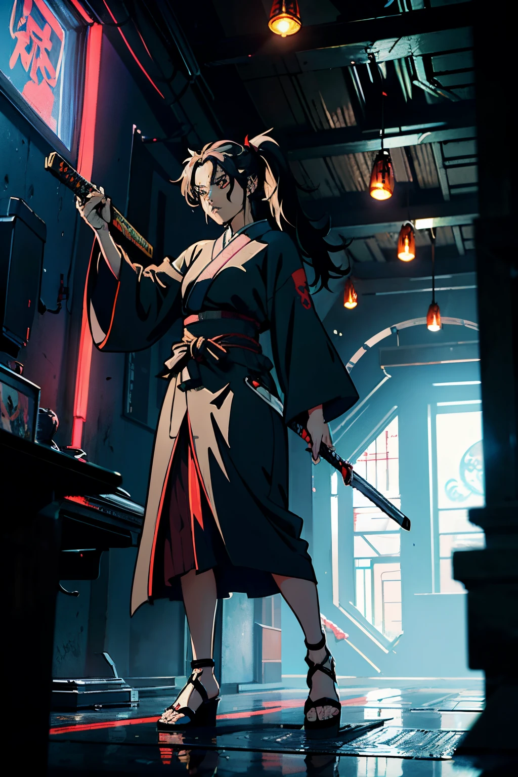 Anime girl with sword in a dark room with a neon sign - SeaArt AI